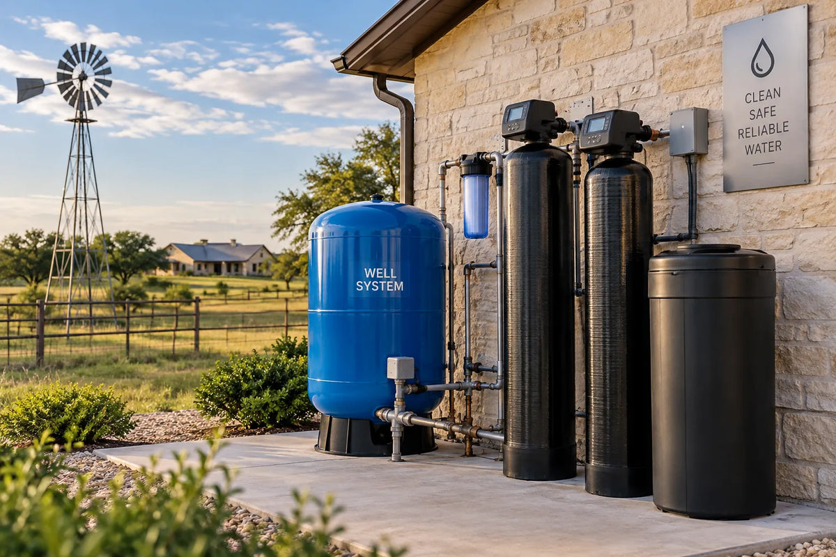 Well water treatment system with filtration and storage equipment for a Texas home